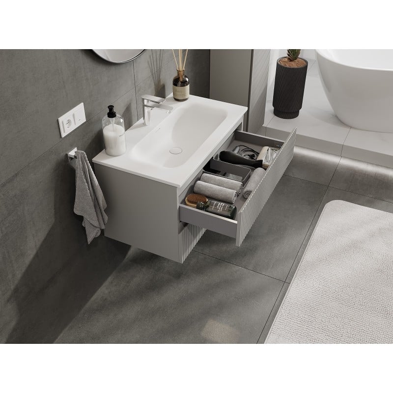 Mexen Rivel Badezimmerschrank 80 cm mit Waschbecken Vela, 2 Schubladen, gerillt, graumatt/weißmatt - 91A20-08047-2-BFF62-W23M01
