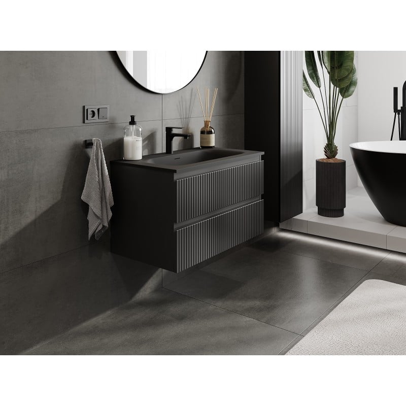 Mexen Rivel Badschrank 80 cm mit Waschbecken Vela, 2 Schubladen, geriffelt, schwarz matt - 91A20-08047-2-BFF71-W23M71