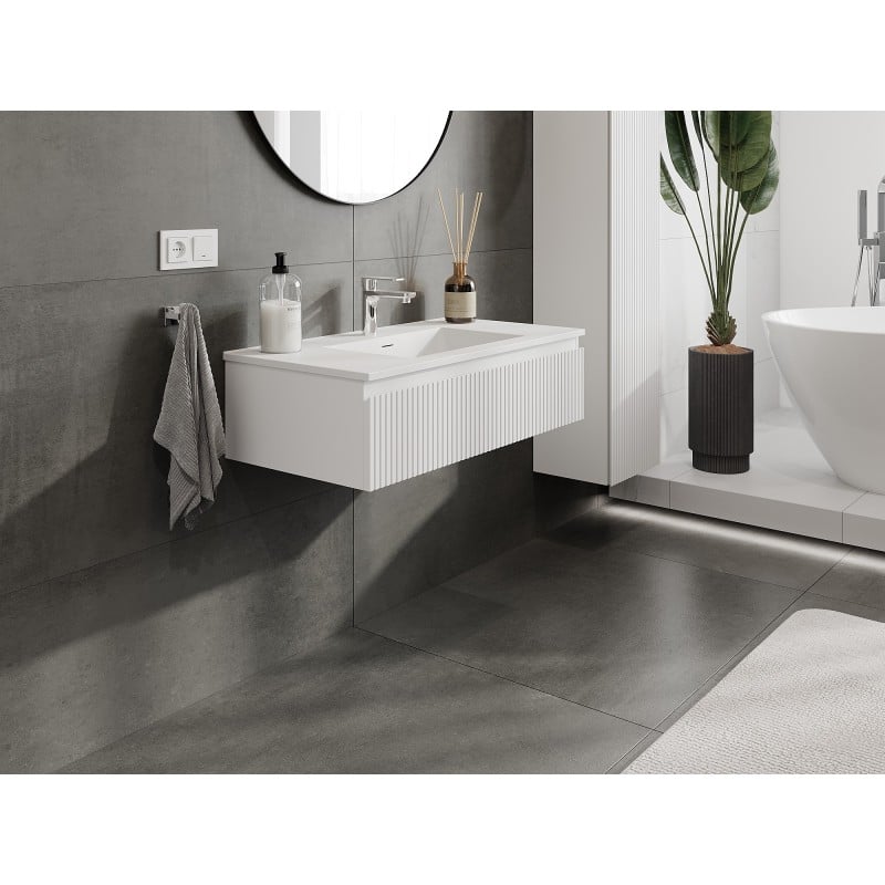 Mexen Rivel 90 cm Badezimmerschrank mit Waschbecken Otis, 1 Schublade, geriffelt, weiß matt - 91A20-09023-1-BF01-W18M01