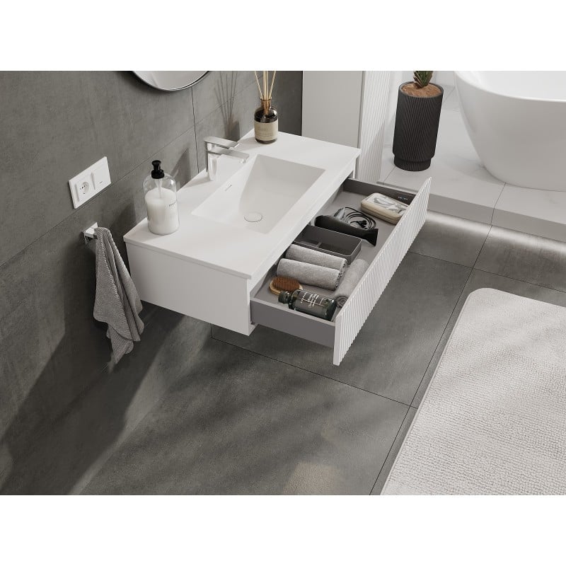 Mexen Rivel 90 cm Badezimmerschrank mit Waschbecken Otis, 1 Schublade, geriffelt, weiß matt - 91A20-09023-1-BF01-W18M01