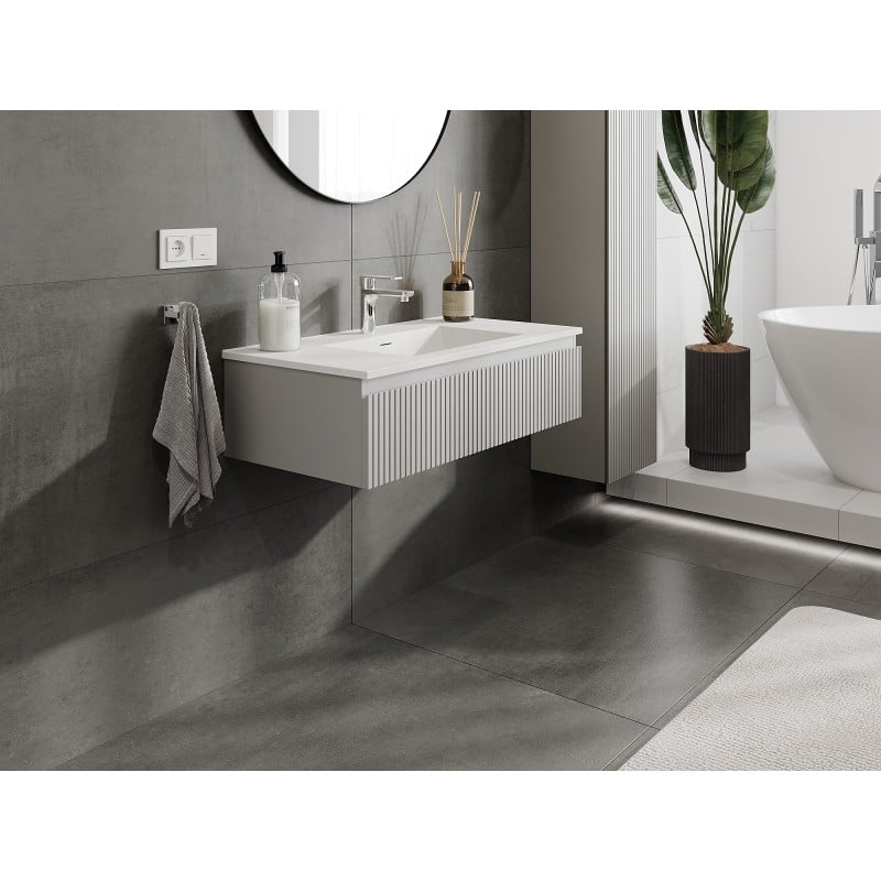 Mexen Rivel Badezimmerschrank 90 cm mit Waschbecken Otis, 1 Schublade, geriffelt, grau matt/weiß matt