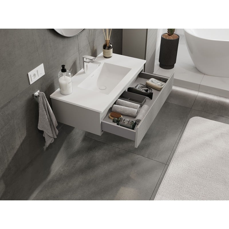Mexen Rivel Badezimmerschrank 90 cm mit Waschbecken Otis, 1 Schublade, geriffelt, grau matt/weiß matt