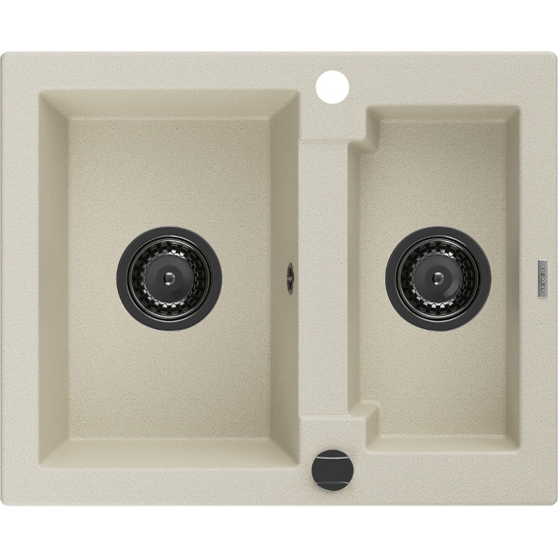 Mexen Carlos 1,5-Kammer Granitspüle 582 x 475 mm, beige, schwarzer Siphon - 6518581500-69-B