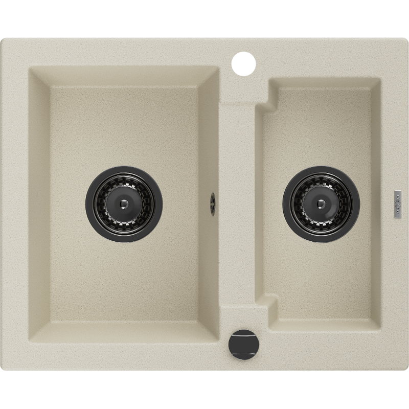 Mexen Carlos Granitspüle 1,5 Kammern 582 x 475 mm, beige, schwarzer Siphon - 6518581500-69-B