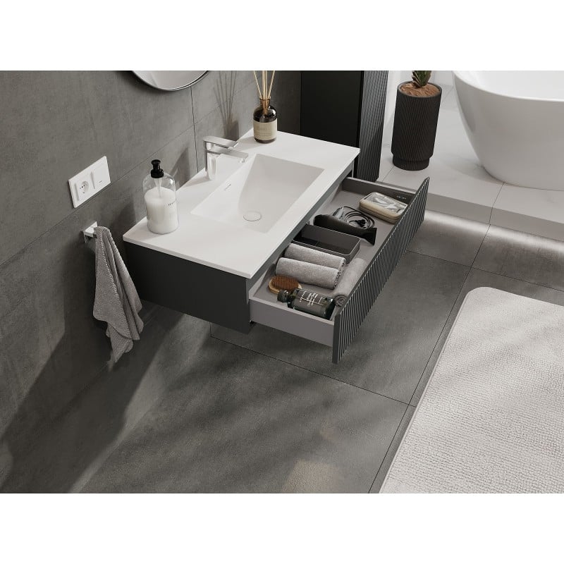Mexen Rivel Badezimmerschrank 90 cm mit Waschbecken Otis, 1 Schublade, geriffelt, Graphit matt/weiß matt