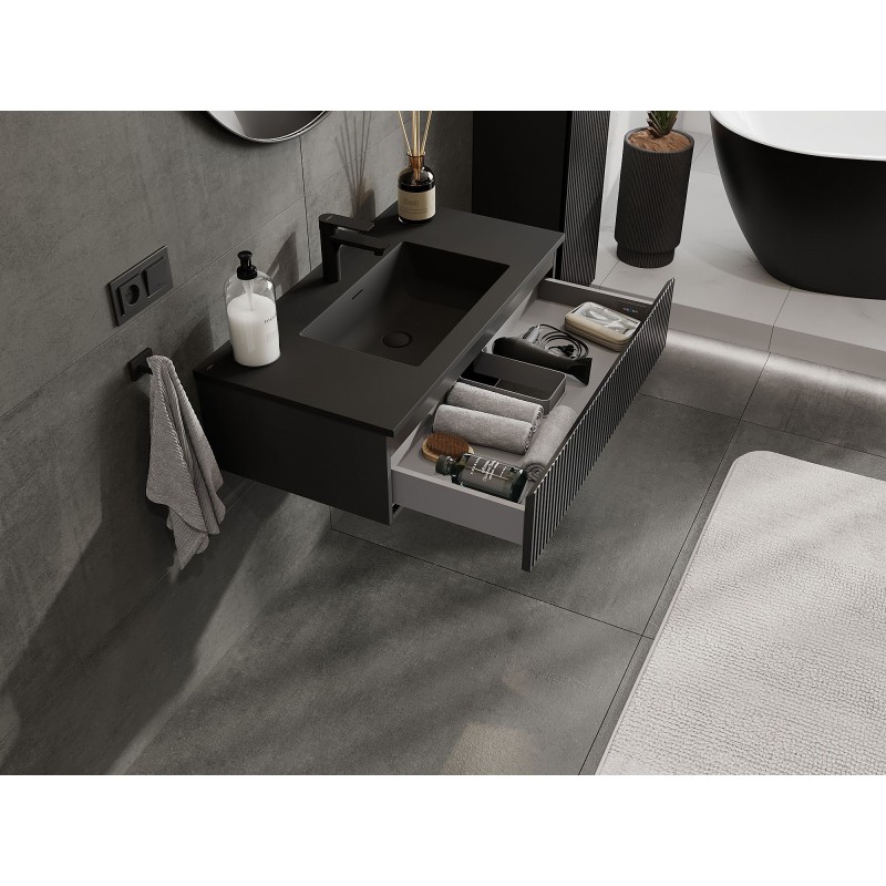 Mexen Rivel Badezimmerschrank 90 cm mit Waschbecken Otis, 1 Schublade, gerippt, schwarz matt - 91A20-09023-1-BF71-W18M71