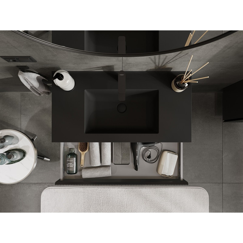 Mexen Rivel Badezimmerschrank 90 cm mit Waschbecken Otis, 1 Schublade, geriffelt, schwarz matt - 91A20-09023-1-BF71-W18M71