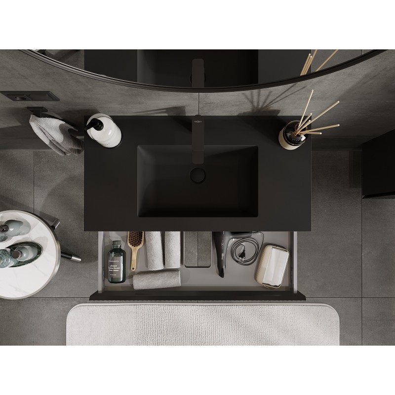 Mexen Rivel Badezimmerschrank 90 cm mit Waschbecken Otis, 1 Schublade, gerippt, schwarz matt - 91A20-09023-1-BF71-W18M71