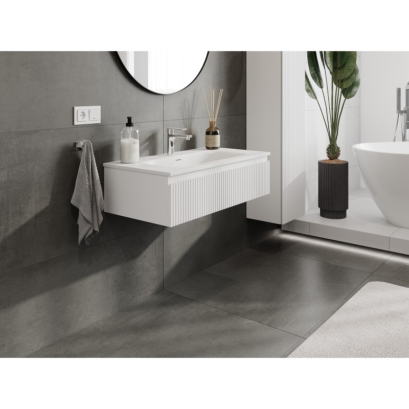Mexen Rivel Badezimmerunterschrank 90 cm mit Waschbecken Vela, 1 Schublade, geriffelt, weiß matt - 91A20-09023-1-BF01-W23M01