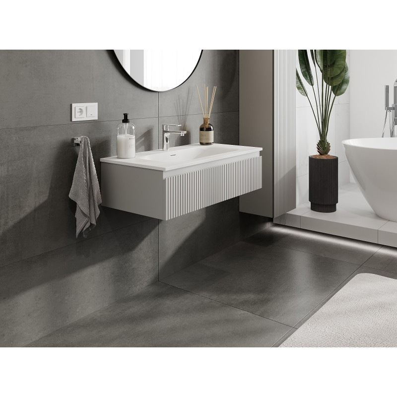 Mexen Rivel Badezimmerschrank 90 cm mit Waschbecken Vela, 1 Schublade, geriffelt, grau matt/weiß matt
