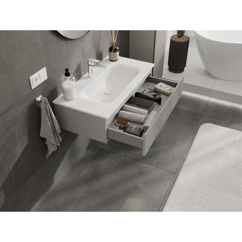 Mexen Rivel Badezimmermöbel 90 cm mit Waschbecken Vela, 1 Schublade, geriffelt, grau matt/weiß matt - 91A20-09023-1-BF62-W23M01