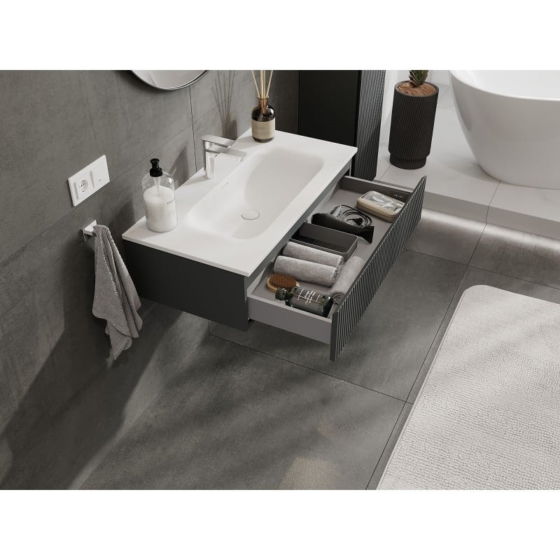 Mexen Rivel Badezimmerschrank 90 cm mit Waschbecken Vela, 1 Schublade, geriffelt, Graphit matt/Weiß matt