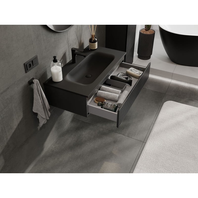 Mexen Rivel Badezimmerschrank 90 cm mit Waschbecken Vela, 1 Schublade, geriffelt, schwarz matt - 91A20-09023-1-BF71-W23M71