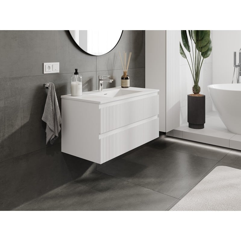 Mexen Rivel Badezimmerunterschrank 90 cm mit Waschbecken Otis, 2 Schubladen, geriffelt, weiß matt - 91A20-09047-2-BFF01-W18M01