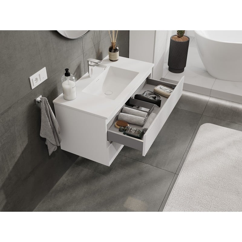 Mexen Rivel Badezimmerunterschrank 90 cm mit Waschbecken Otis, 2 Schubladen, geriffelt, weiß matt - 91A20-09047-2-BFF01-W18M01