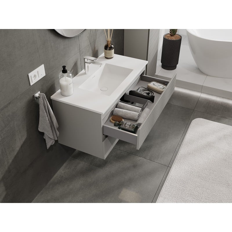 Mexen Rivel Badezimmerschrank 90 cm mit Waschbecken Otis, 2 Schubladen, gerillt, grau matt/weiß matt