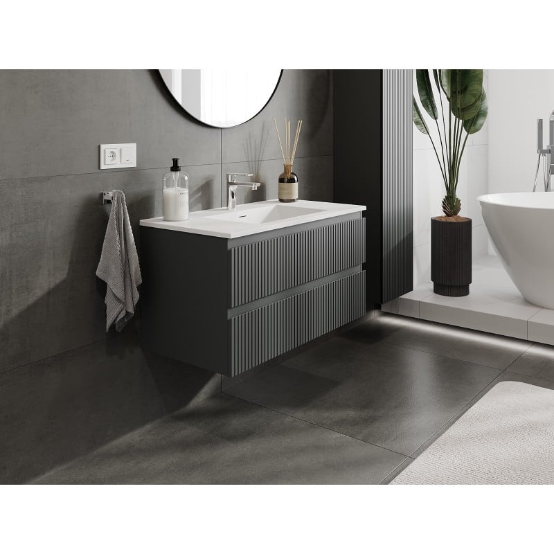 Mexen Rivel Badezimmerschrank 90 cm mit Waschbecken Otis, 2 Schubladen, geriffelt, grafit matt/weiß matt -