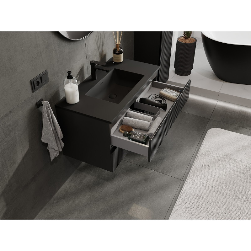 Mexen Rivel Badezimmerschrank 90 cm mit Waschbecken Otis, 2 Schubladen, geriffelt, Schwarz matt - 91A20-09047-2-BFF71-W18M71