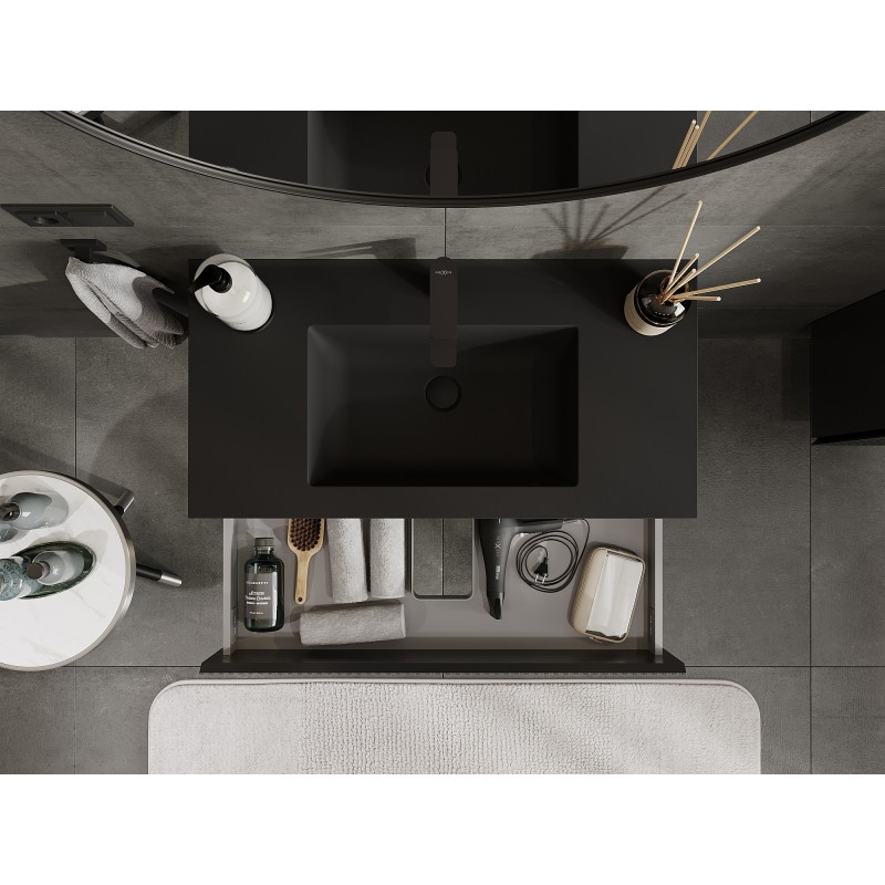 Mexen Rivel Badezimmerschrank 90 cm mit Waschbecken Otis, 2 Schubladen, geriffelt, Schwarz matt - 91A20-09047-2-BFF71-W18M71