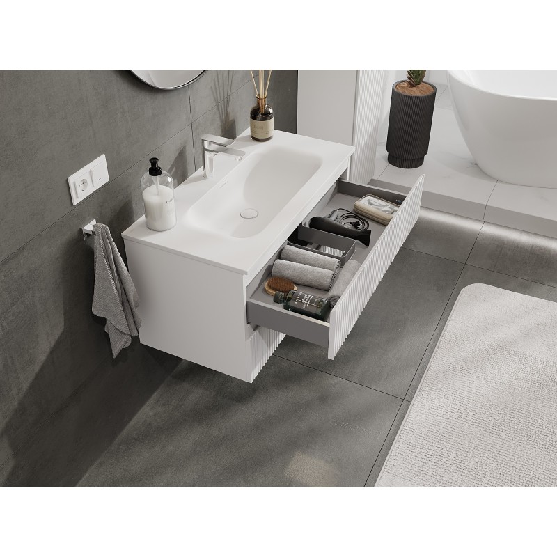 Mexen Rivel Badezimmerschrank 90 cm mit Waschbecken Vela, 2 Schubladen, geriffelt, weiß matt - 91A20-09047-2-BFF01-W23M01