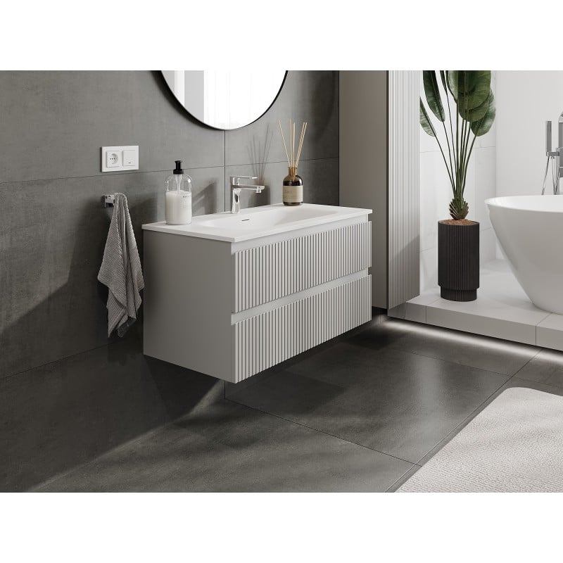 Mexen Rivel Badezimmerschrank 90 cm mit Waschbecken Vela, 2 Schubladen, gerillt, grau matt/weiß matt