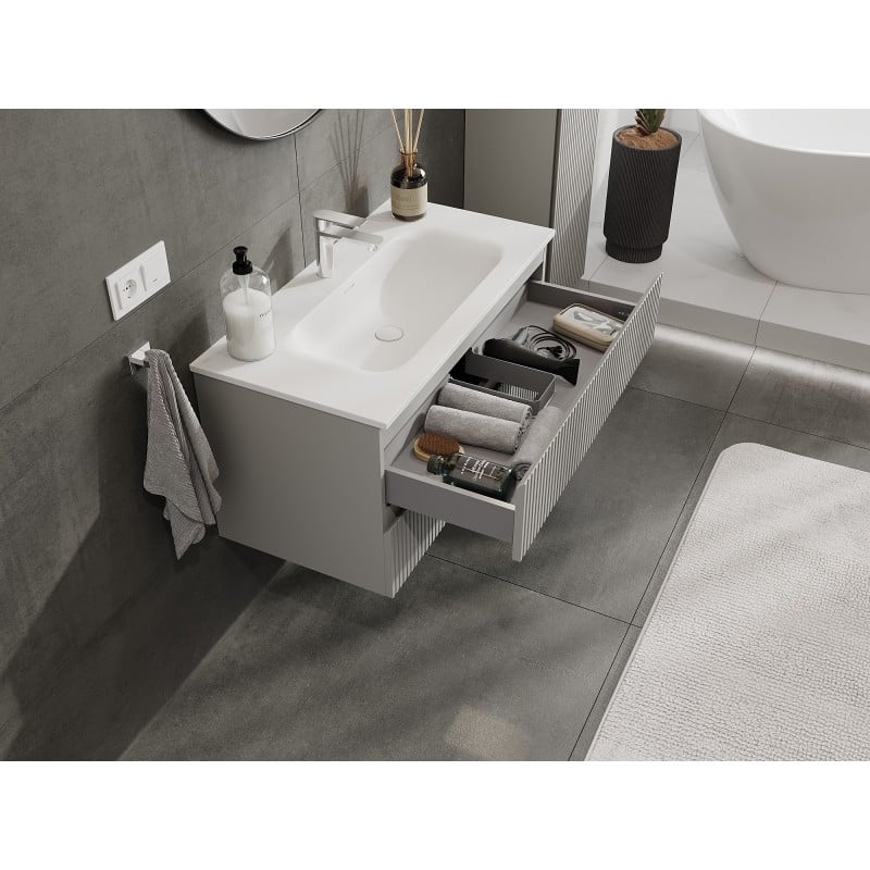 Mexen Rivel Badezimmerschrank 90 cm mit Waschbecken Vela, 2 Schubladen, gerillt, grau matt/weiß matt
