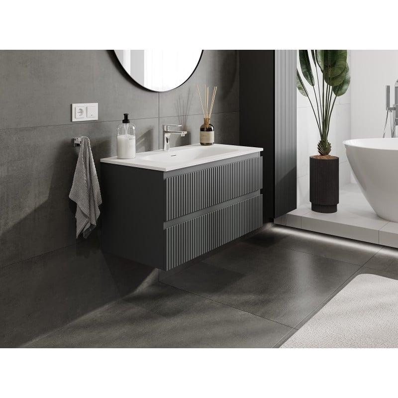 Mexen Rivel Badezimmerschrank 90 cm mit Waschbecken Vela, 2 Schubladen, geriffelt, Graphit matt/Weiß matt -