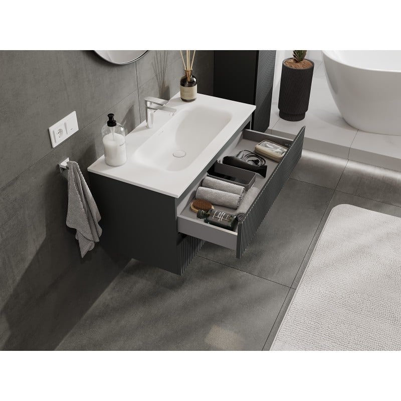 Mexen Rivel Badezimmerschrank 90 cm mit Waschbecken Vela, 2 Schubladen, geriffelt, Graphit matt/Weiß matt -