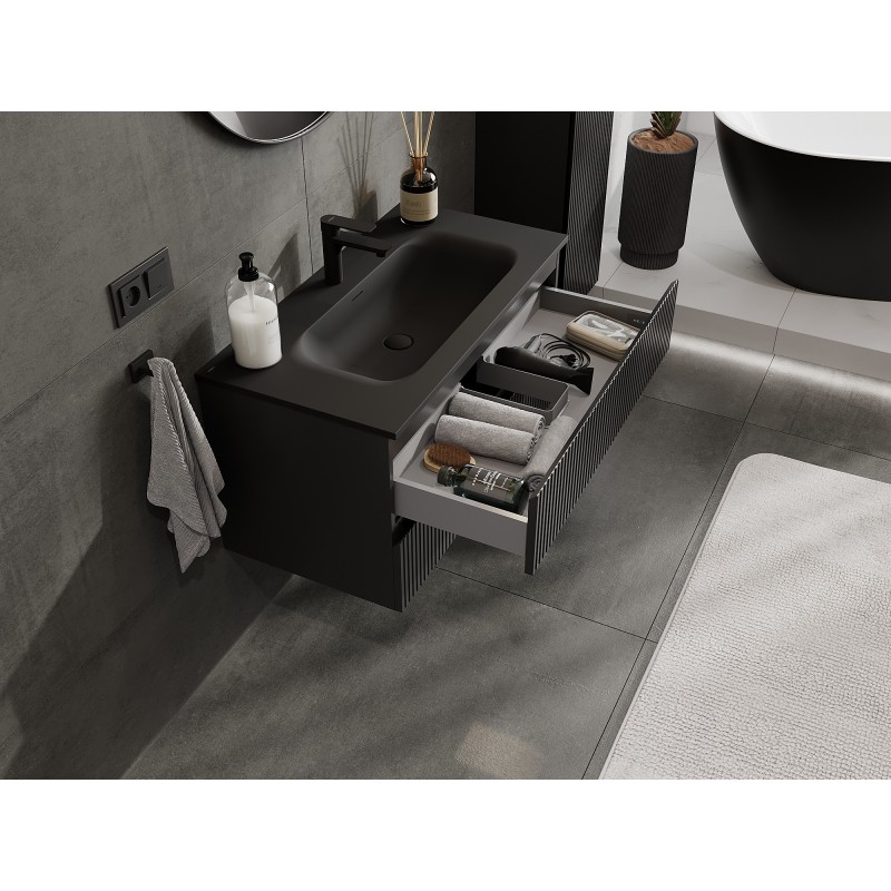 Mexen Rivel Badezimmerunterschrank 90 cm mit Waschbecken Vela, 2 Schubladen, gerillt, schwarz matt - 91A20-09047-2-BFF71-W23M71