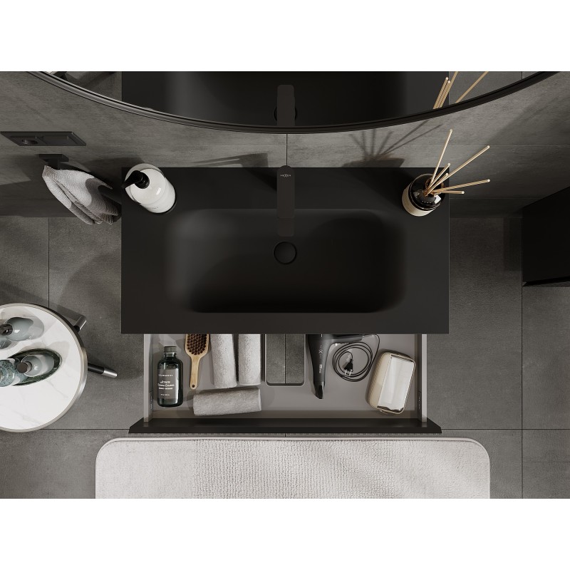 Mexen Rivel Badezimmerunterschrank 90 cm mit Waschbecken Vela, 2 Schubladen, gerillt, schwarz matt - 91A20-09047-2-BFF71-W23M71