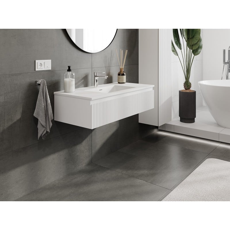 Mexen Rivel Badezimmerunterschrank 100 cm mit Waschbecken Otis, 1 Schublade, gerillt, mattweiß - 91A20-10023-1-BF01-W18M01