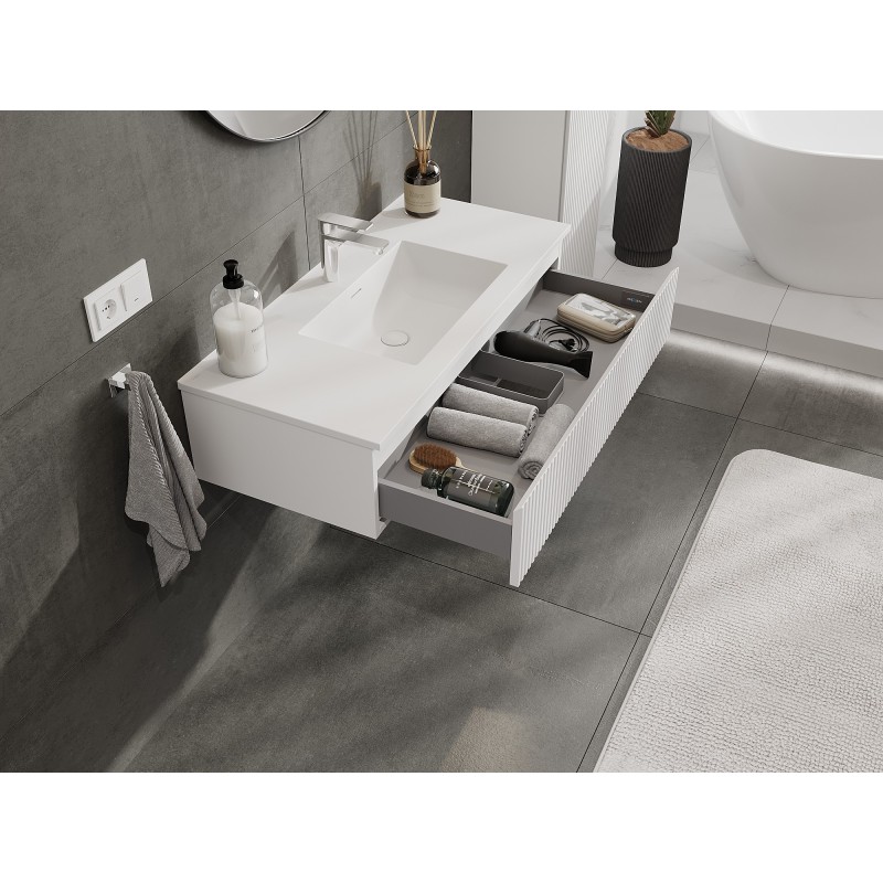 Mexen Rivel Badezimmerunterschrank 100 cm mit Waschbecken Otis, 1 Schublade, gerillt, mattweiß - 91A20-10023-1-BF01-W18M01