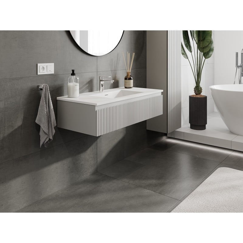 Mexen Rivel Badezimmerschrank 100 cm mit Waschbecken Otis, 1 Schublade, geriffelt, grau matt/weiß matt