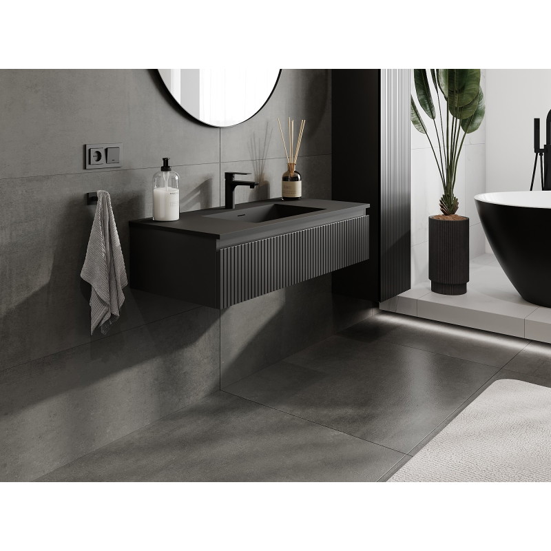 Mexen Rivel Badezimmerschrank 100 cm mit Waschbecken Otis, 1 Schublade, geriffelt, schwarz matt - 91A20-10023-1-BF71-W18M71