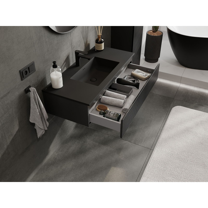 Mexen Rivel Badezimmerschrank 100 cm mit Waschbecken Otis, 1 Schublade, geriffelt, schwarz matt - 91A20-10023-1-BF71-W18M71
