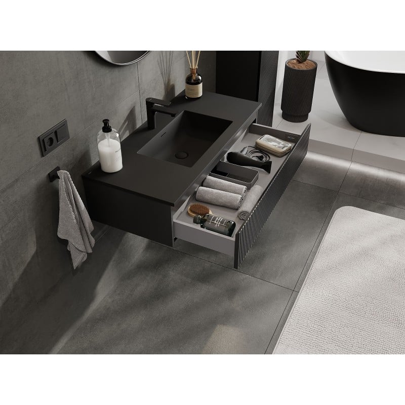 Mexen Rivel Badezimmerschrank 100 cm mit Waschbecken Otis, 1 Schublade, gerillt, schwarz matt - 91A20-10023-1-BF71-W18M71