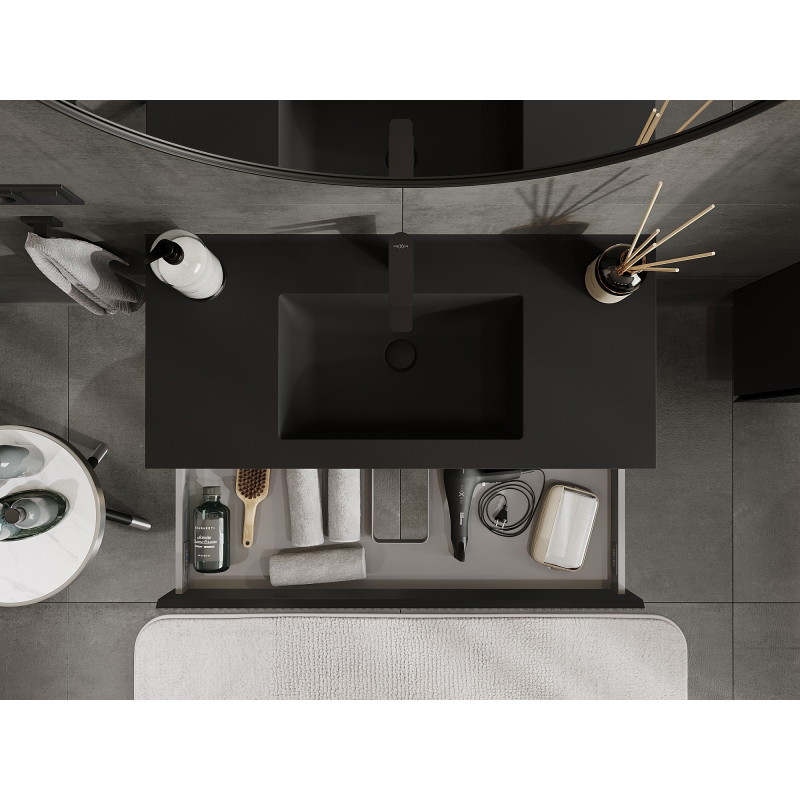 Mexen Rivel Badezimmerschrank 100 cm mit Waschbecken Otis, 1 Schublade, geriffelt, schwarz matt - 91A20-10023-1-BF71-W18M71