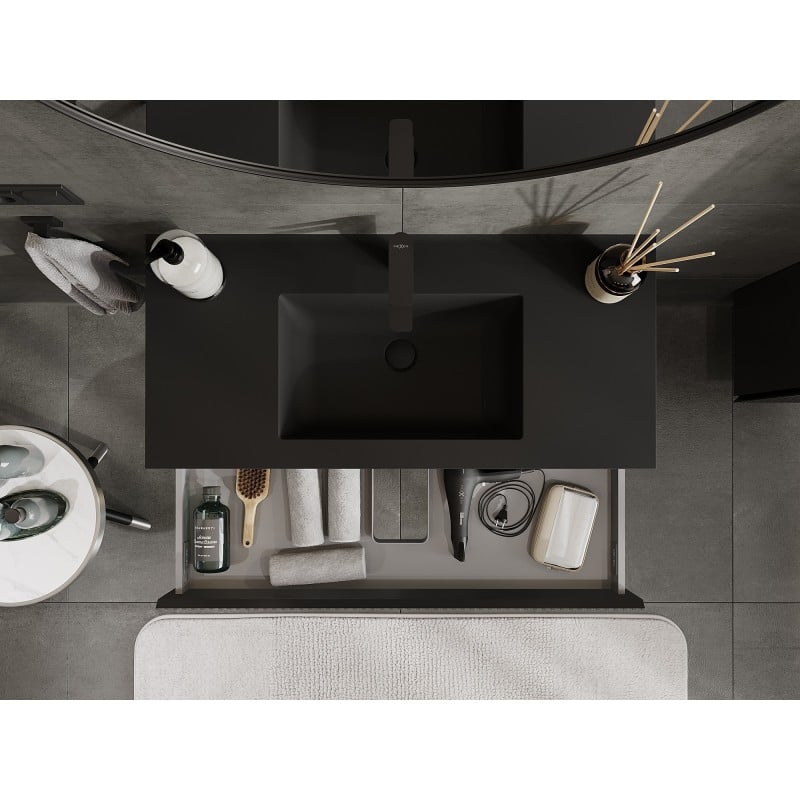 Mexen Rivel Badezimmerschrank 100 cm mit Waschbecken Otis, 1 Schublade, gerillt, schwarz matt - 91A20-10023-1-BF71-W18M71