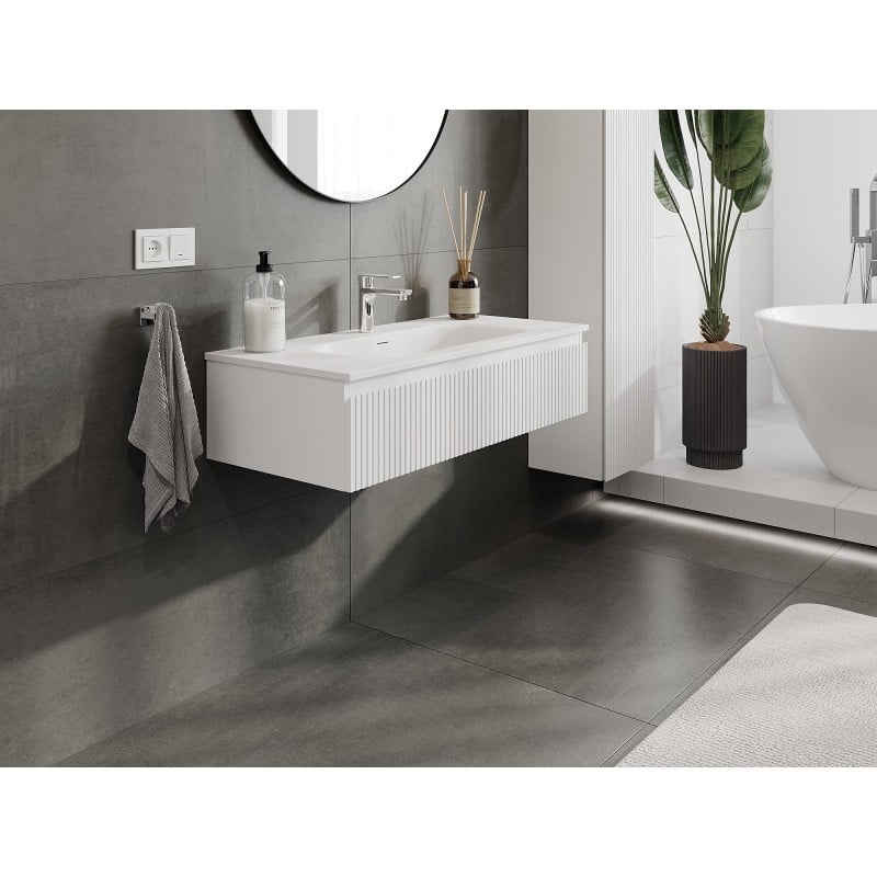 Mexen Rivel Badezimmerschrank 100 cm mit Waschbecken Vela, 1 Schublade, geriffelt, weiß matt - 91A20-10023-1-BF01-W23M01