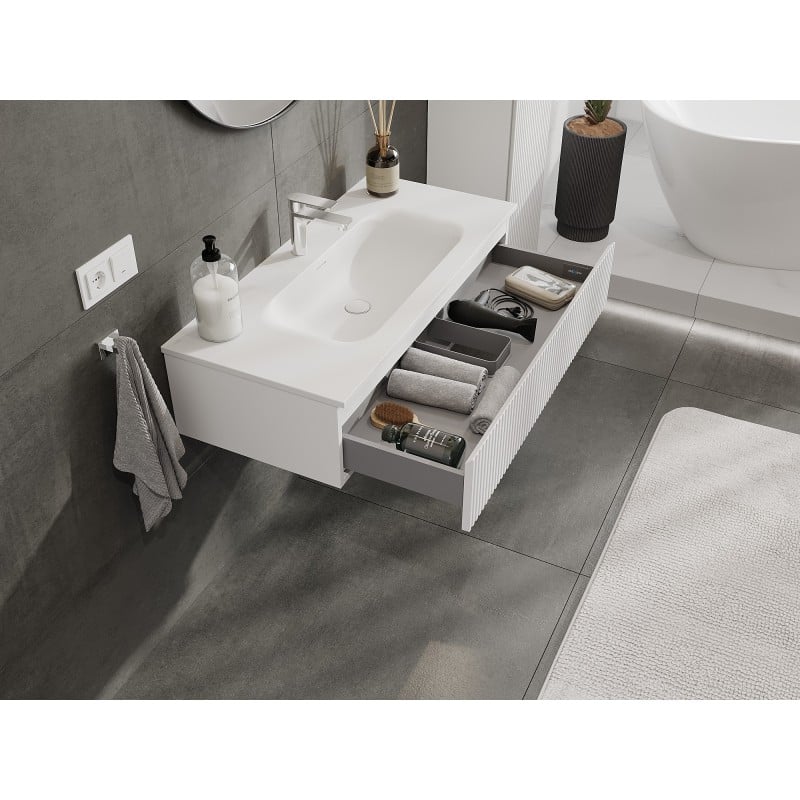 Mexen Rivel Badezimmerschrank 100 cm mit Waschbecken Vela, 1 Schublade, geriffelt, weiß matt - 91A20-10023-1-BF01-W23M01