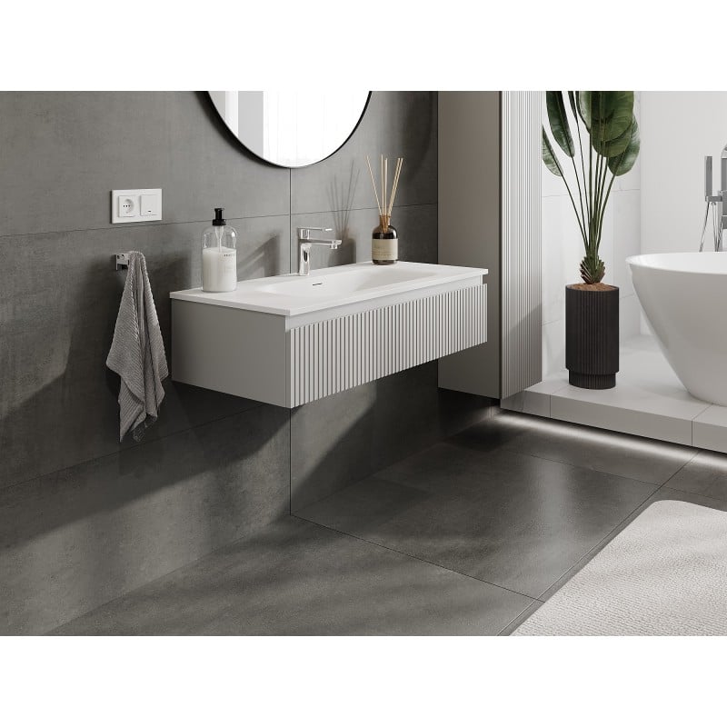 Mexen Rivel Badezimmerschrank 100 cm mit Waschbecken Vela, 1 Schublade, geriffelt, grau matt/weiß matt