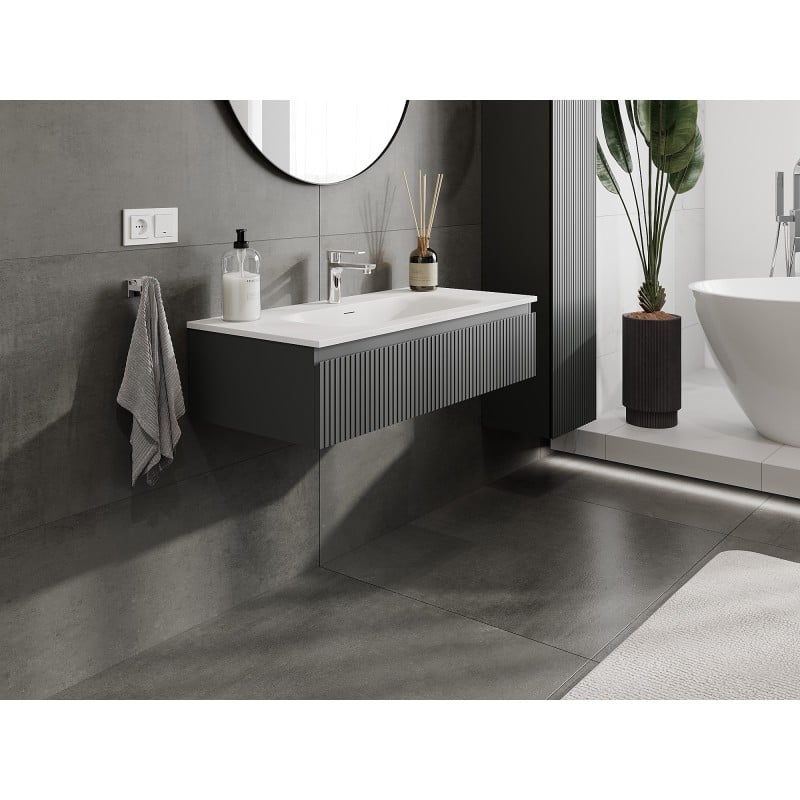 Mexen Rivel Badezimmerunterschrank 100 cm mit Waschbecken Vela, 1 Schublade, gerillt, graphit matt/weiß matt