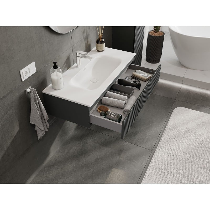 Mexen Rivel Badezimmerunterschrank 100 cm mit Waschbecken Vela, 1 Schublade, gerillt, graphit matt/weiß matt