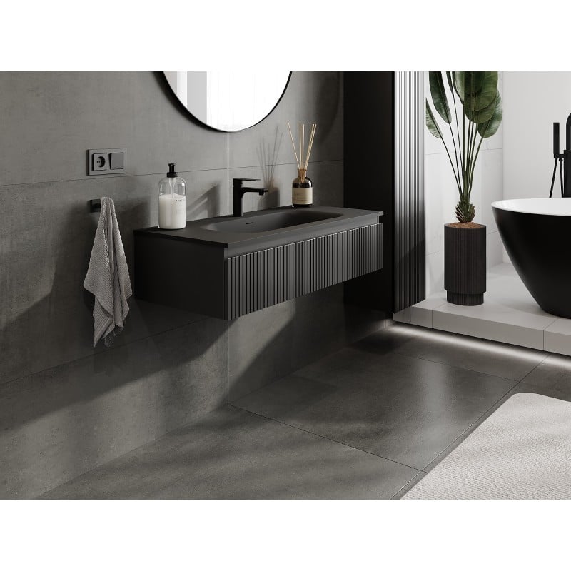 Mexen Rivel Badezimmer-Schrank 100 cm mit Waschbecken Vela, 1 Schublade, geriffelt, schwarz matt - 91A20-10023-1-BF71-W23M71