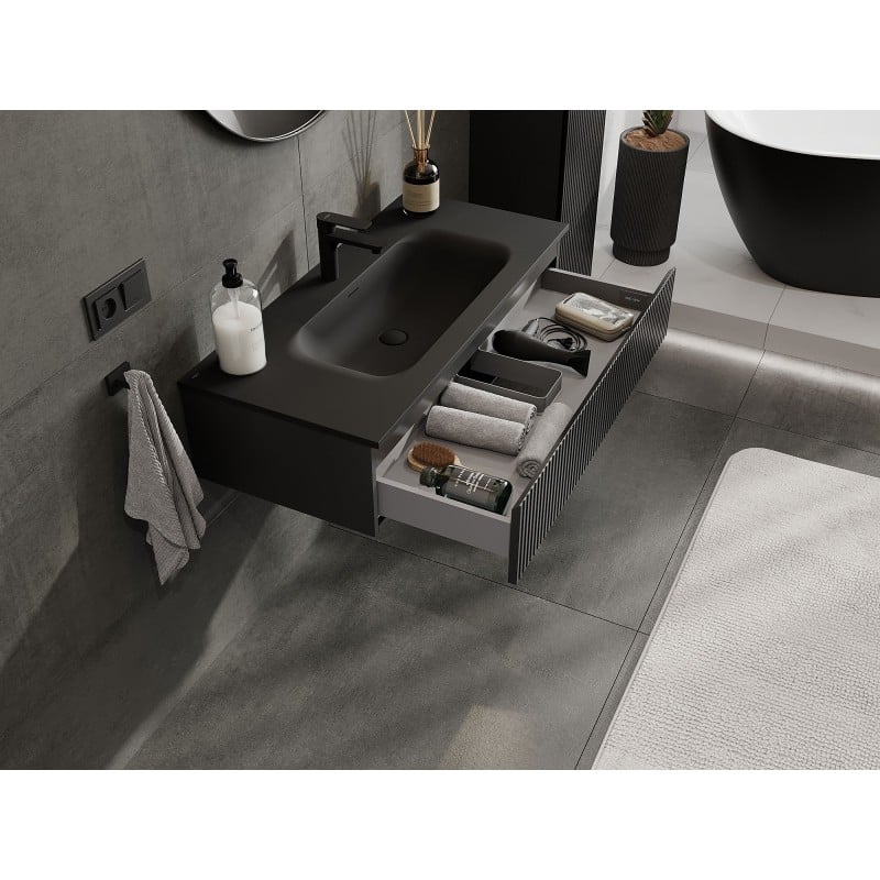 Mexen Rivel Badezimmer-Schrank 100 cm mit Waschbecken Vela, 1 Schublade, geriffelt, schwarz matt - 91A20-10023-1-BF71-W23M71