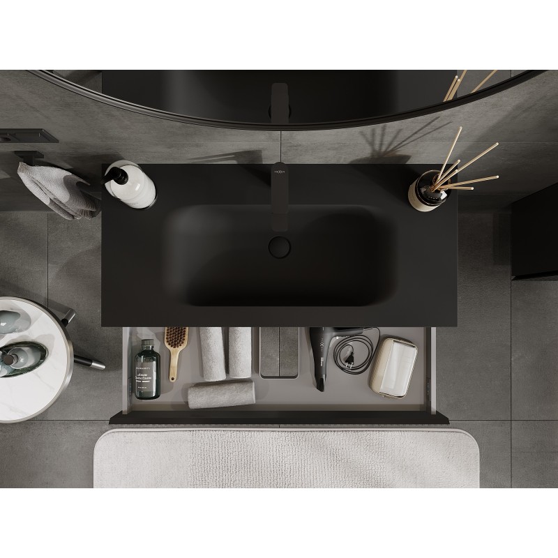 Mexen Rivel Badezimmer-Schrank 100 cm mit Waschbecken Vela, 1 Schublade, geriffelt, schwarz matt - 91A20-10023-1-BF71-W23M71