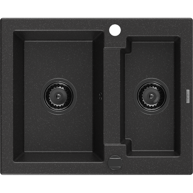 Mexen Carlos Granitspüle 1,5 Becken 582 x 475 mm, Schwarz/Silber Metallic, schwarzer Siphon - 6518581500-73-B