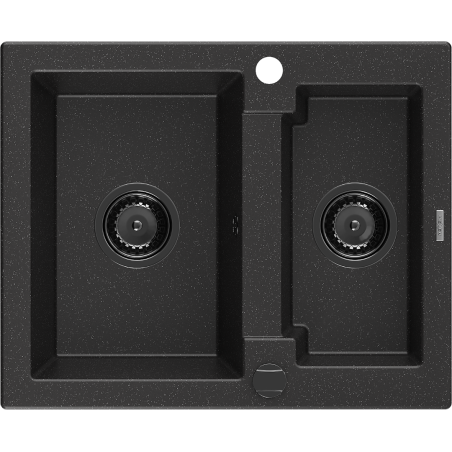Mexen Carlos Granitspüle 1,5 Becken 582 x 475 mm, Schwarz/Silber Metallic, schwarzer Siphon - 6518581500-73-B