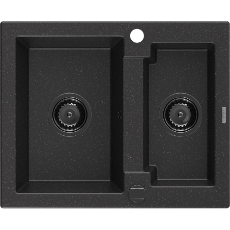 Mexen Carlos Granitspüle 1,5-beckig 582 x 475 mm, schwarz/silberner Metallic, schwarzer Siphon - 6518581500-73-B