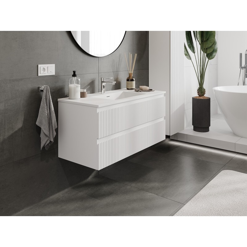 Mexen Rivel Badezimmerschrank 100 cm mit Waschbecken Otis, 2 Schubladen, geriffelt, weiß matt - 91A20-10047-2-BFF01-W18M01